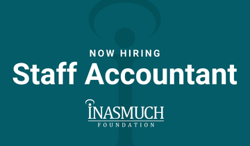 White text on a teal background that says "Now Hiring: Staff Accountant" and the Inasmuch Foundation logo
